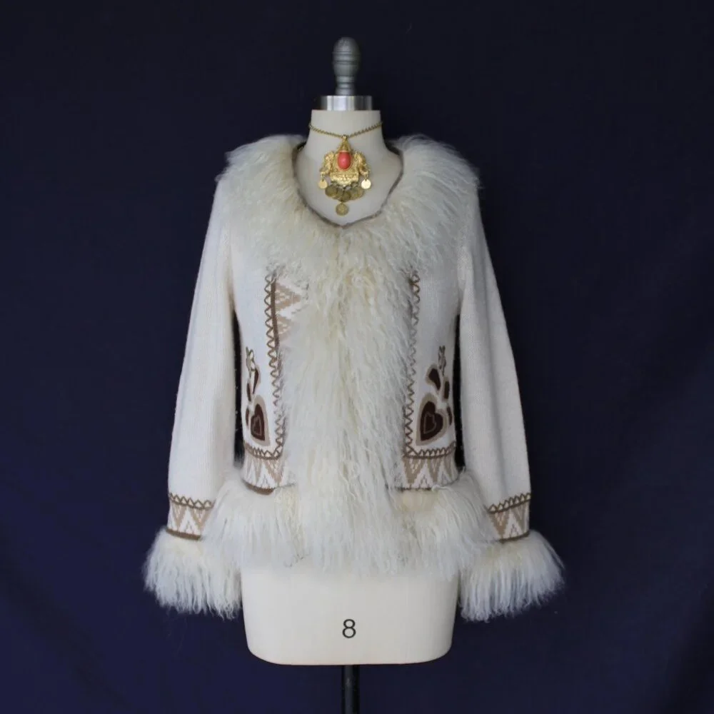 vintage Mongolian Curley lamb wool cardigan cowichan sweater jacket aplique M - Picture 4 of 12